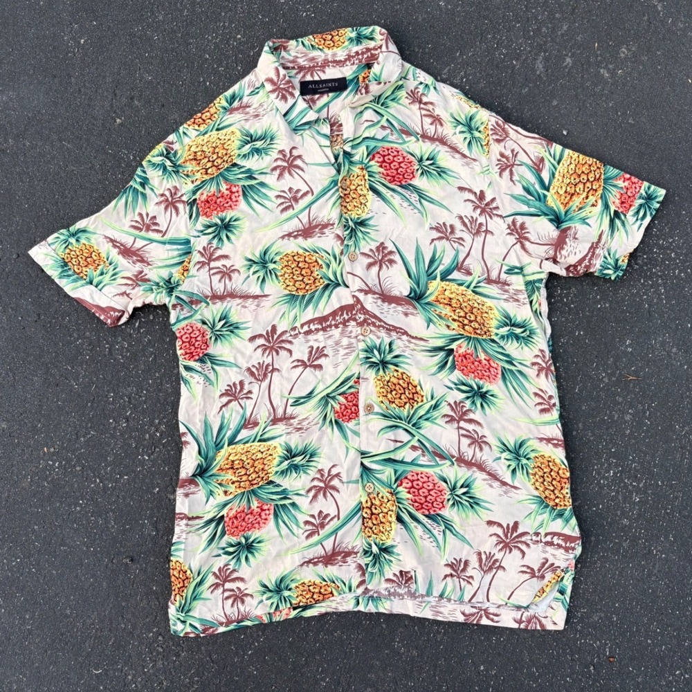 ALLSAINTS Hawaiian Shirt Mens Medium Pineapple Palm Tropical Camp‎ Collar